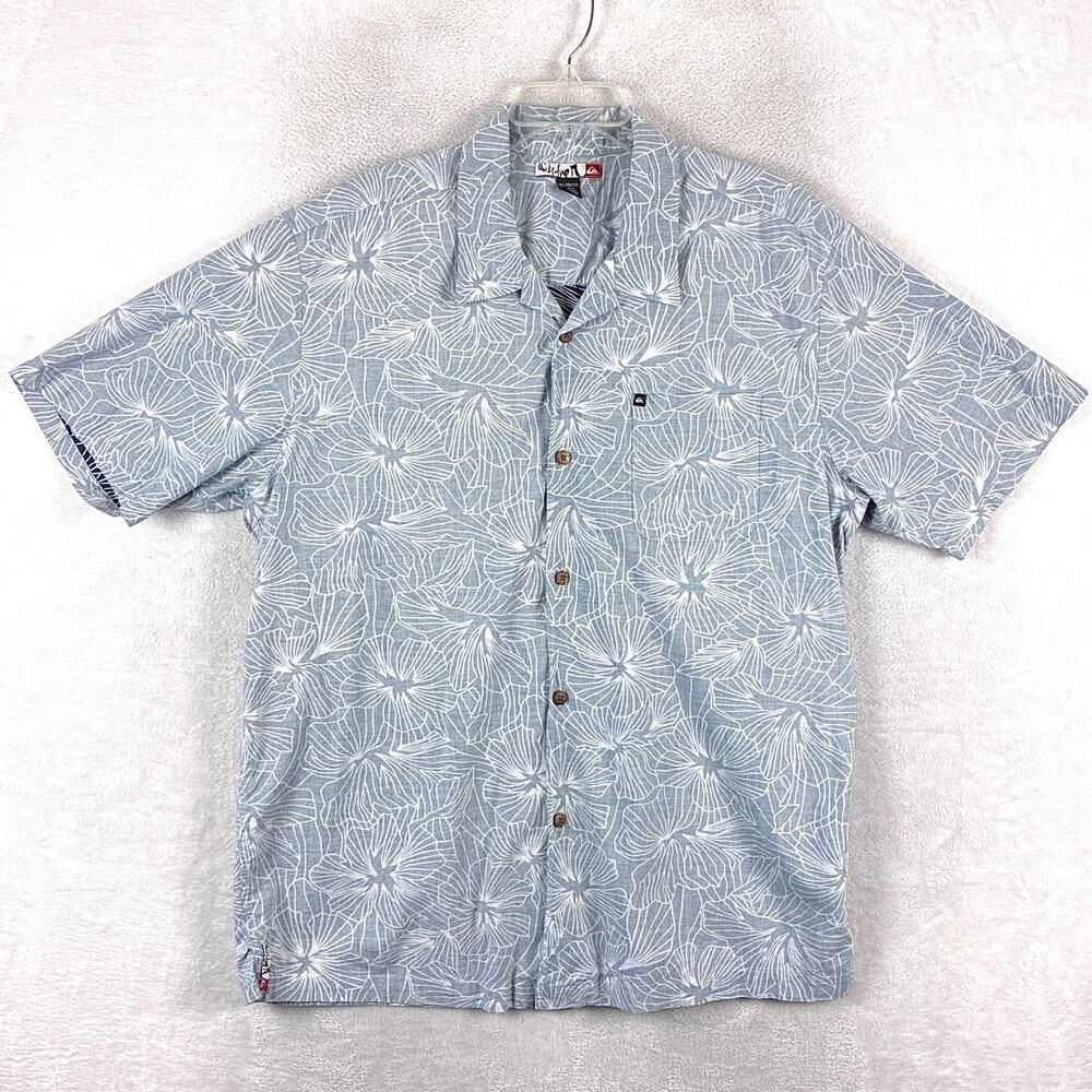 VTG Quiksilver Shirt Men XXL Blue White Floral AOP Rayon Preppy Summer Surf Y2K